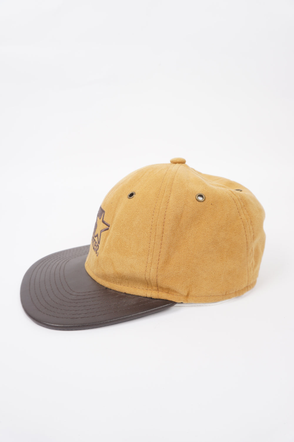 Two tone brown faux suede/leather Starter snapback cap with embroidered logo on the front 