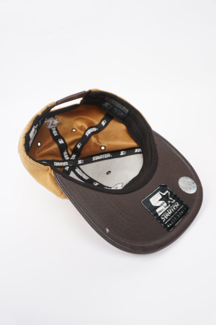 Two tone brown faux suede/leather Starter snapback cap with embroidered logo on the front 