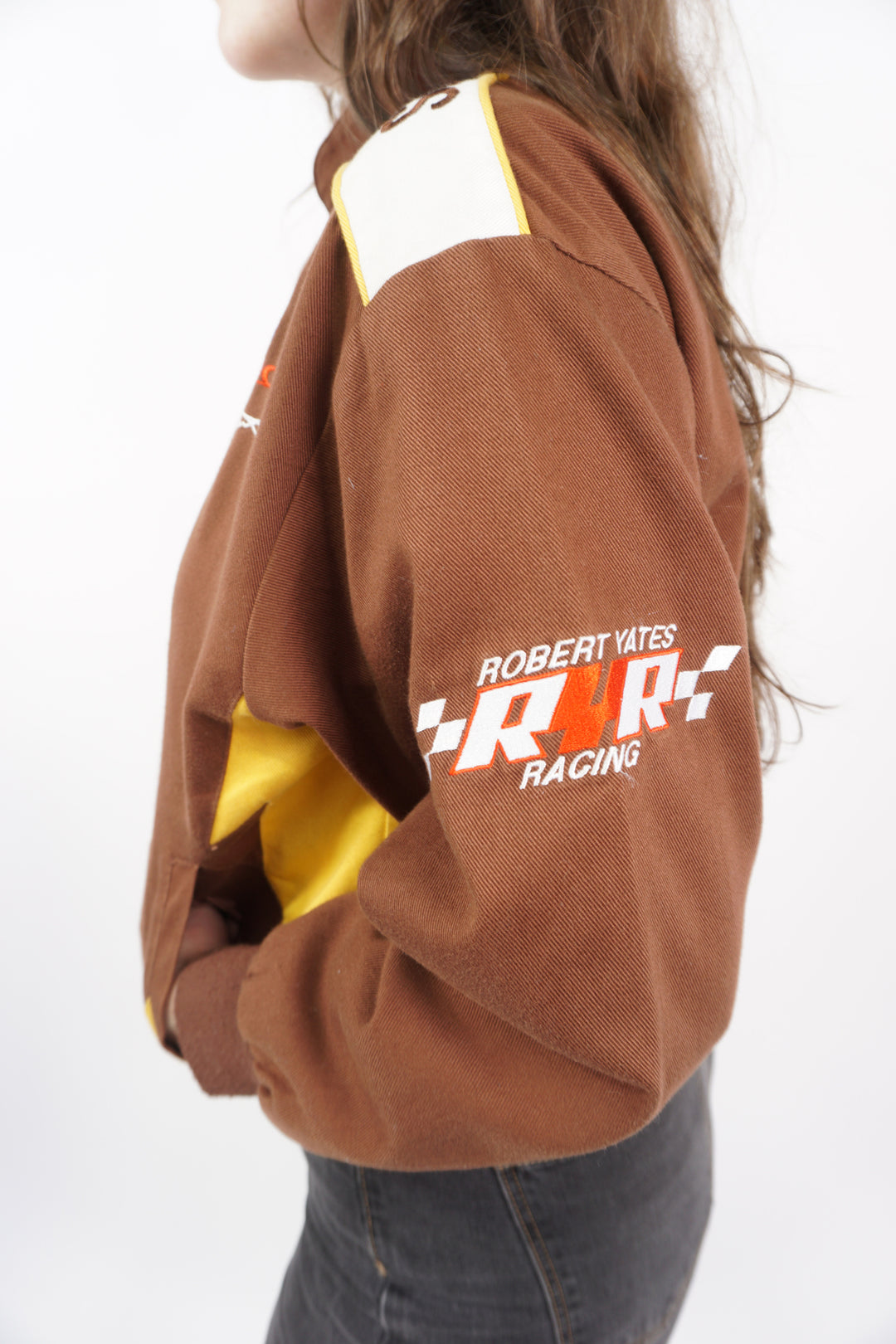 Vintage 90s Women's brown cotton UPS Nascar jacket by Chase Authentics. With embroidered details and sponsors all over