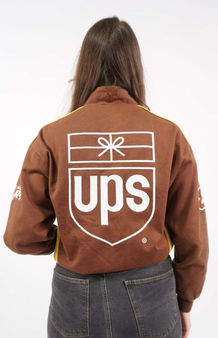 Vintage 90s Women's brown cotton UPS Nascar jacket by Chase Authentics. With embroidered details and sponsors all over