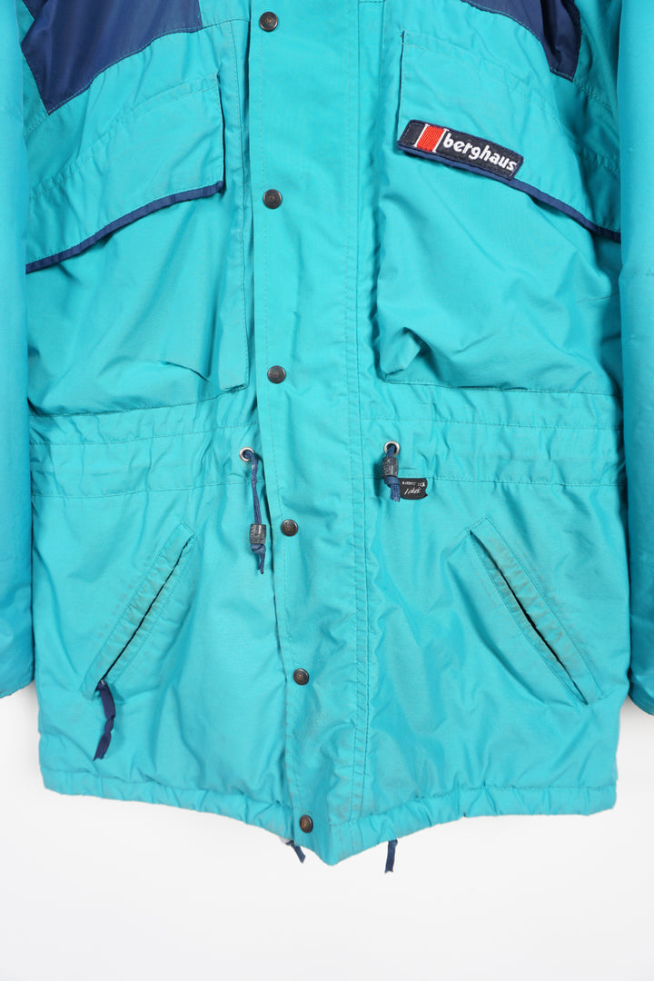 Vintage turquoise Berghaus, zip through Gortex waterproof, insulated coat with removable hood and embroidered logo on the chest