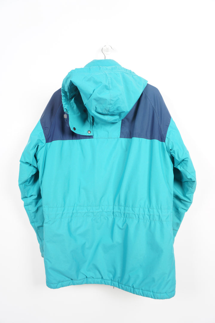 Vintage turquoise Berghaus, zip through Gortex waterproof, insulated coat with removable hood and embroidered logo on the chest