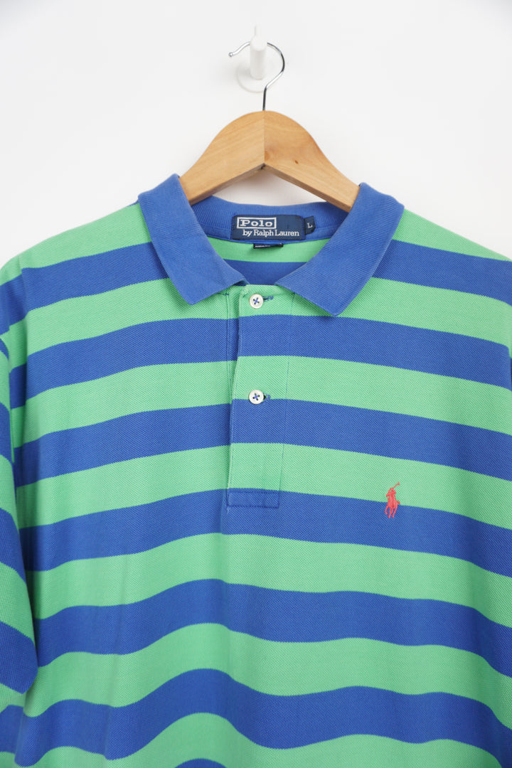 Vintage Ralph Lauren blue and green striped polo shirt embroidered logo. good condition Size in Label: L Our Measurements: Chest: 23 inchesLength: 33 inches Please ensure you check all measurements. ** All our items are pre-loved and as a result may show signs of wear due to the age of the product, for any questions about this or any other item please email hello@vintage-folk.com **