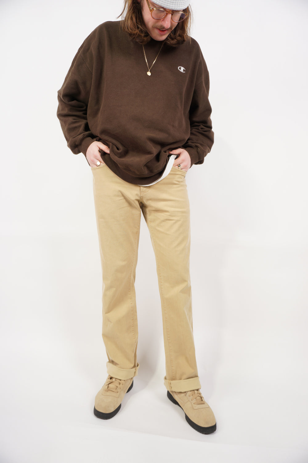 Light tan Camel Active, straight leg jeans with logo on the back pocket