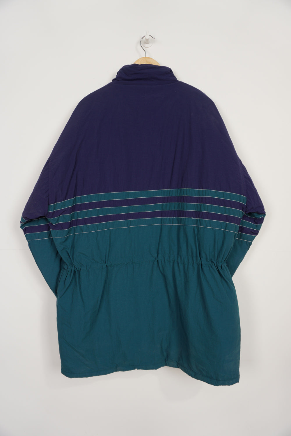 Vintage 90's green and blue Adidas padded sports coat, with embroidered logo on the chest and drawstring waist