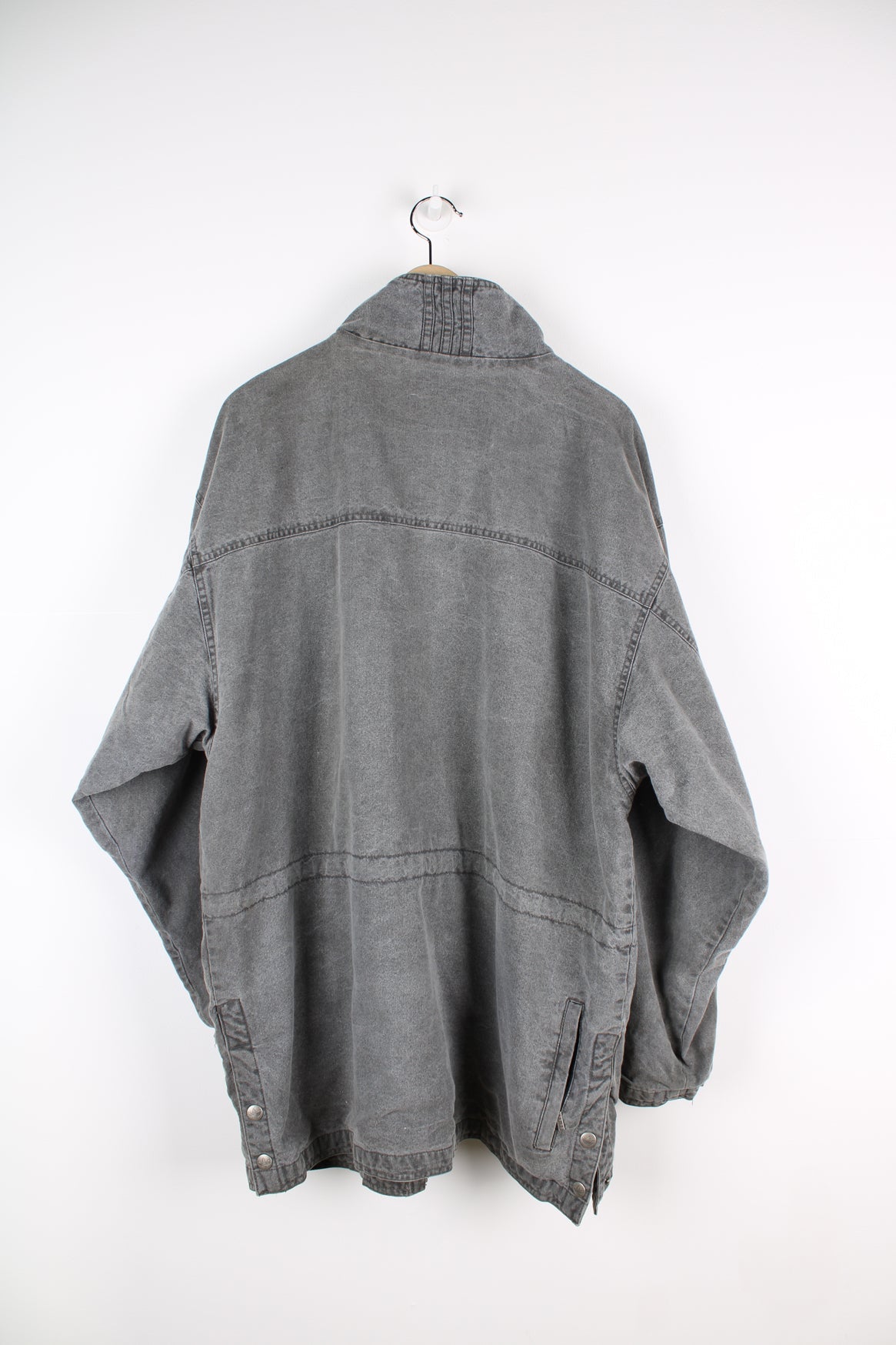 Adidas grey stonewash denim coat. Features embroidered logo on lower pocket.