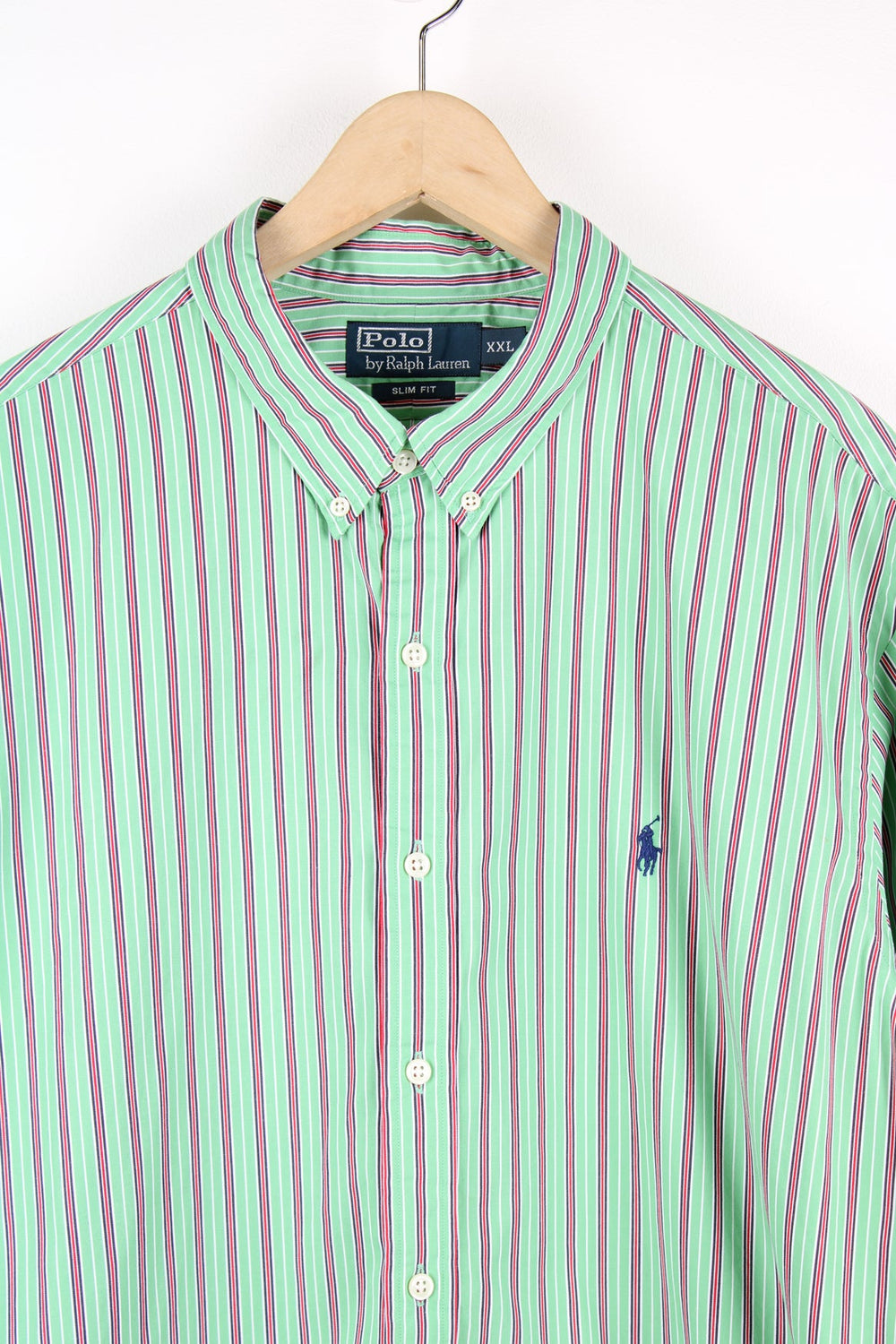 Ralph Lauren green striped button up shirt with signature embroidered logo on the chest. 