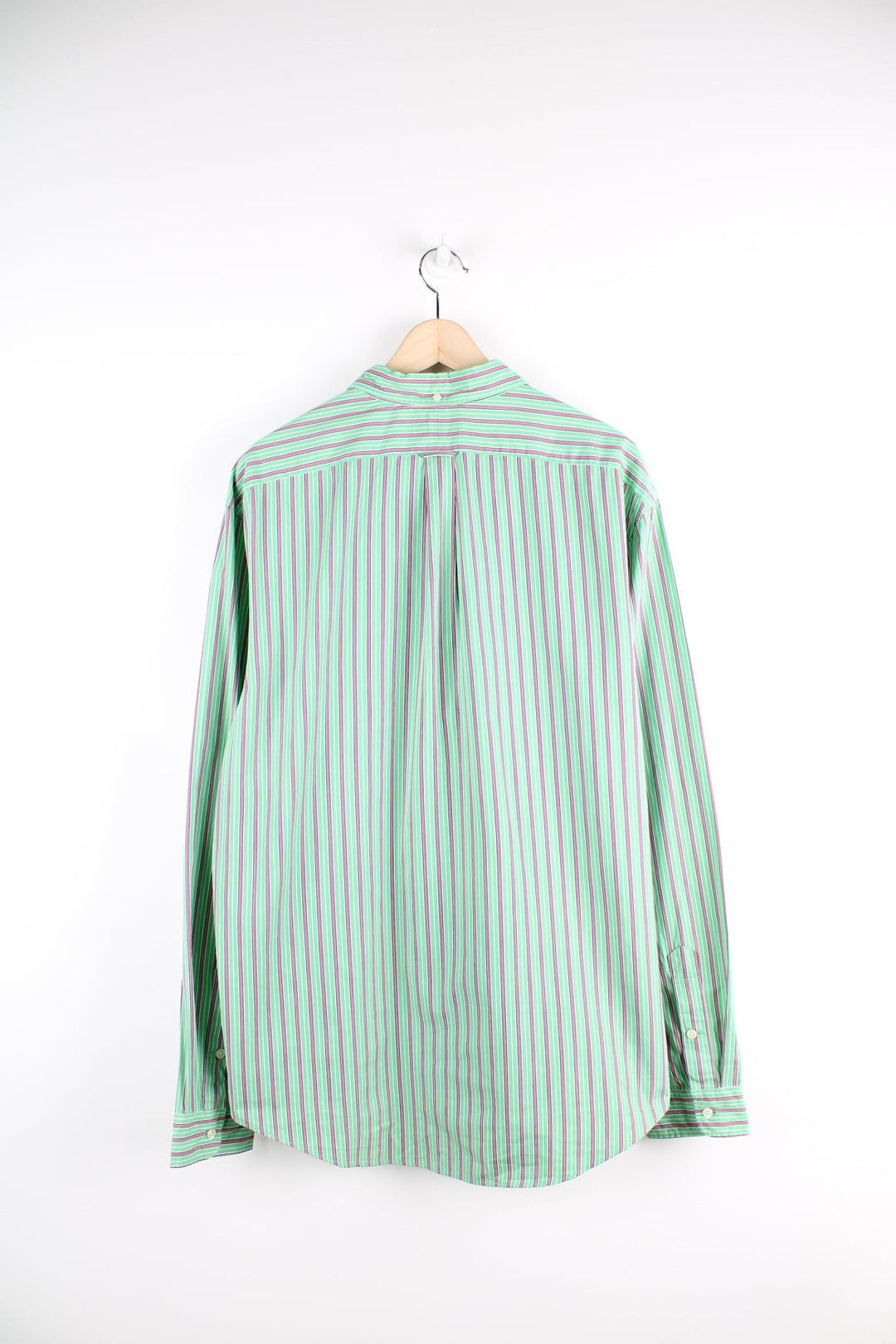 Ralph Lauren green striped button up shirt with signature embroidered logo on the chest. 