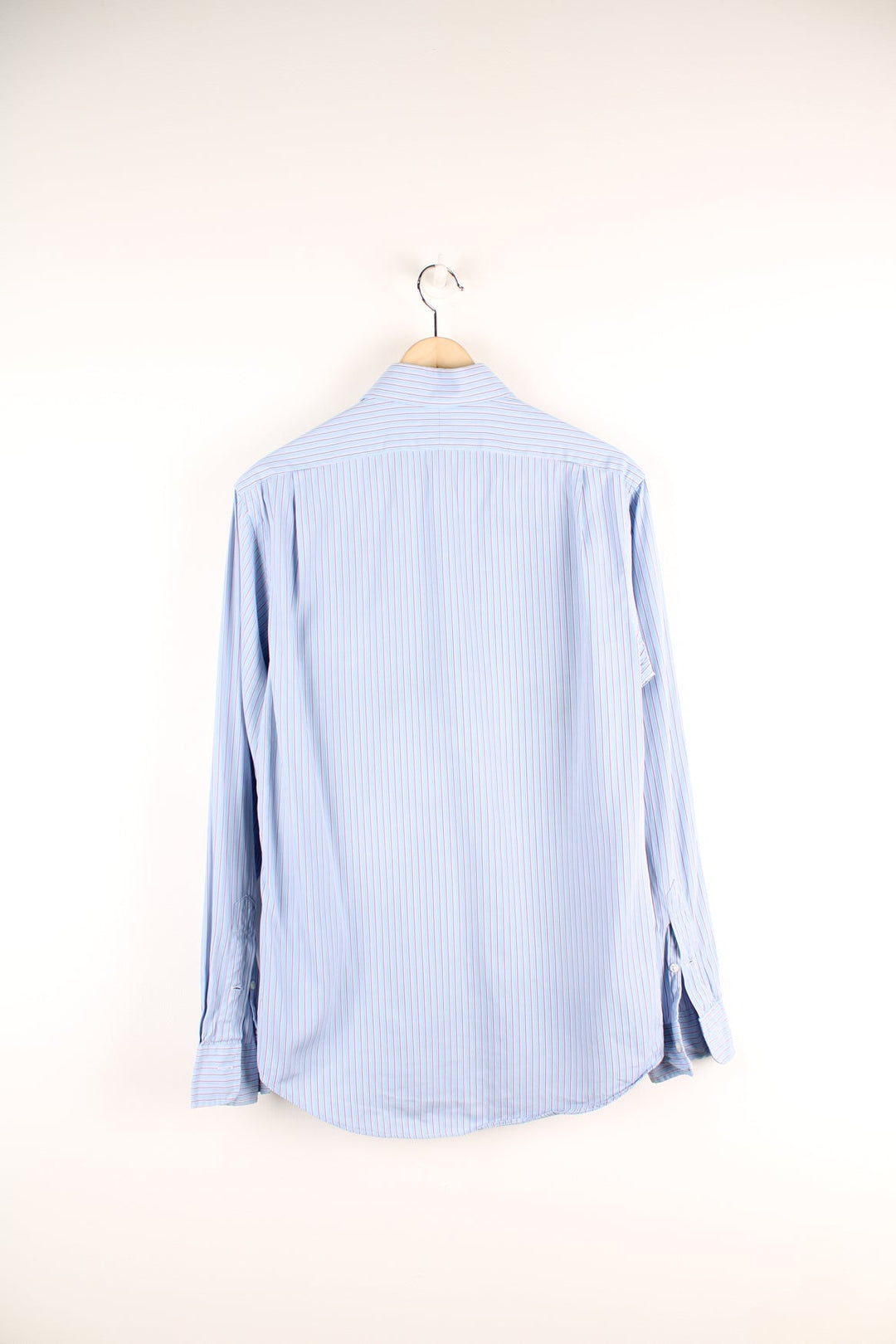 Ralph Lauren blue and pink pinstripe button up shirt with signature embroidered logo on the chest.