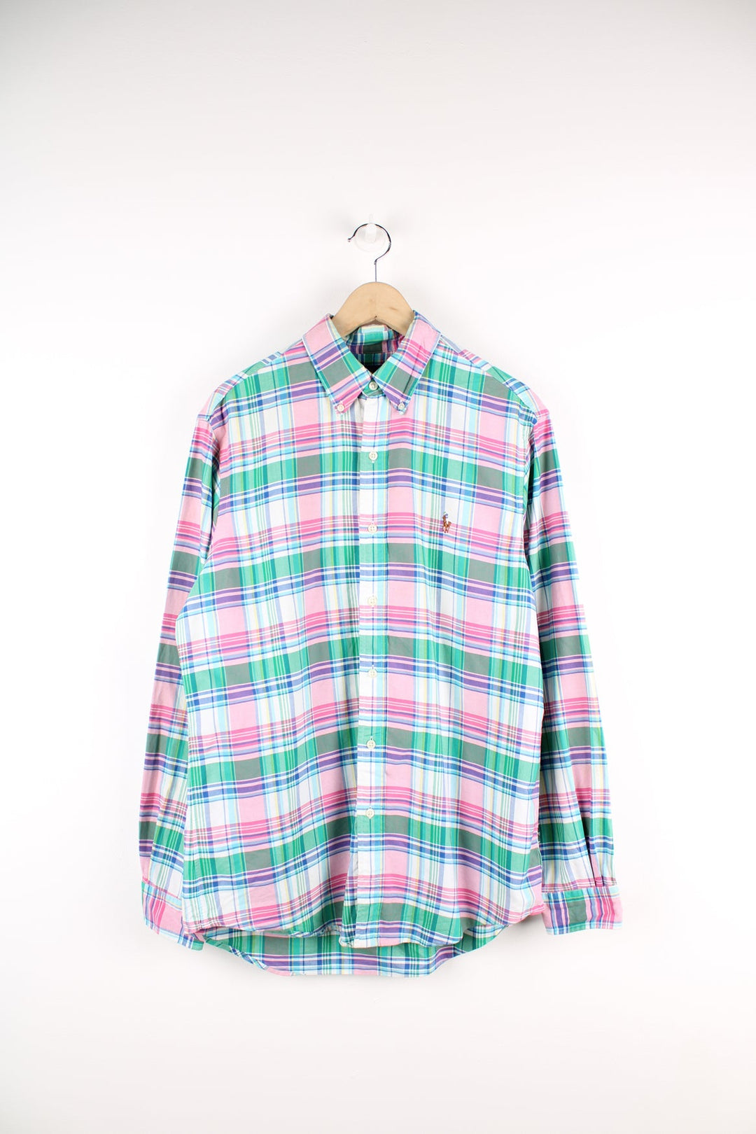 Ralph Lauren pink and green button up check shirt with signature embroidered logo on the chest. 