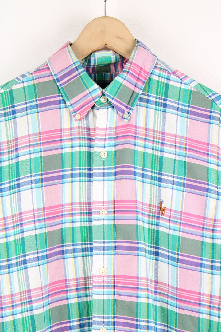 Ralph Lauren pink and green button up check shirt with signature embroidered logo on the chest. 