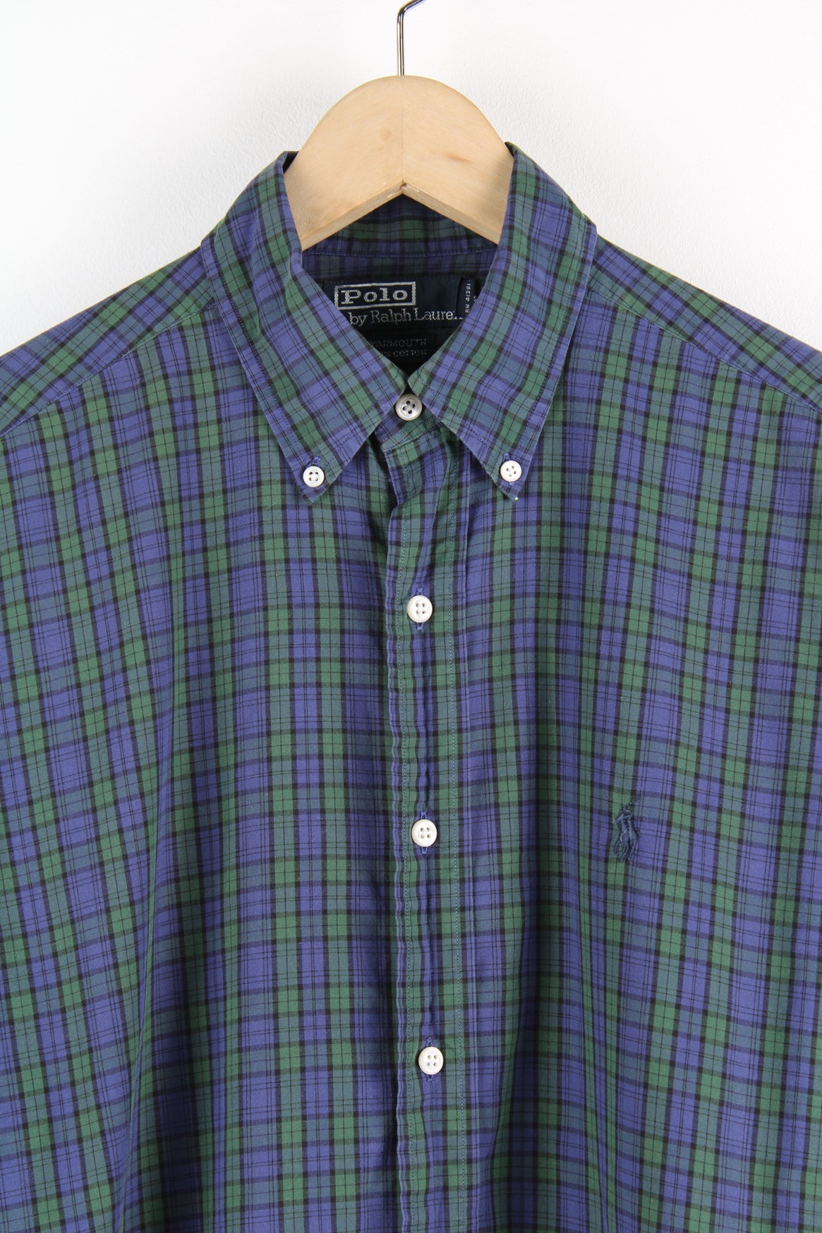 Ralph Lauren blue and green plaid button up shirt with signature embroidered logo on the chest.