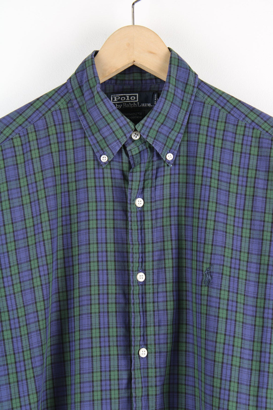 Ralph Lauren blue and green plaid button up shirt with signature embroidered logo on the chest.