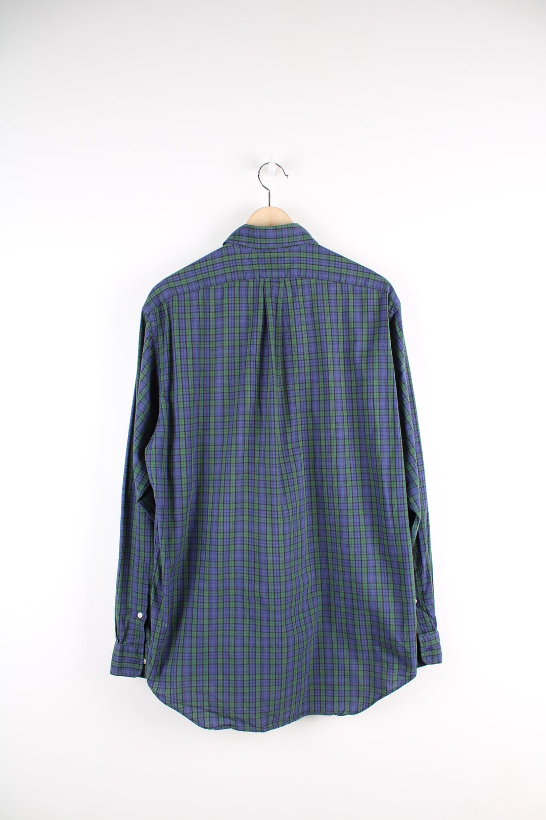 Ralph Lauren blue and green plaid button up shirt with signature embroidered logo on the chest.