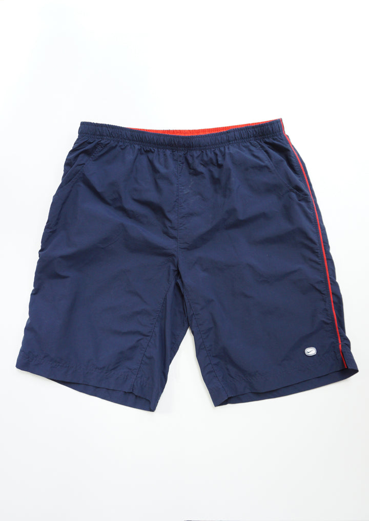 Nike navy blue swim shorts with red embroidered text on the back and mesh lining