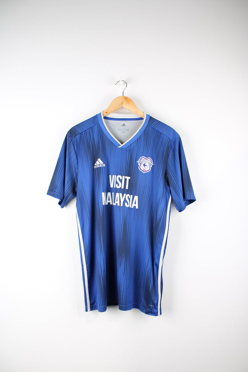 Cardiff City England 2019/20 Adidas home football shirt. Features embroidered logo and badge on the chest.