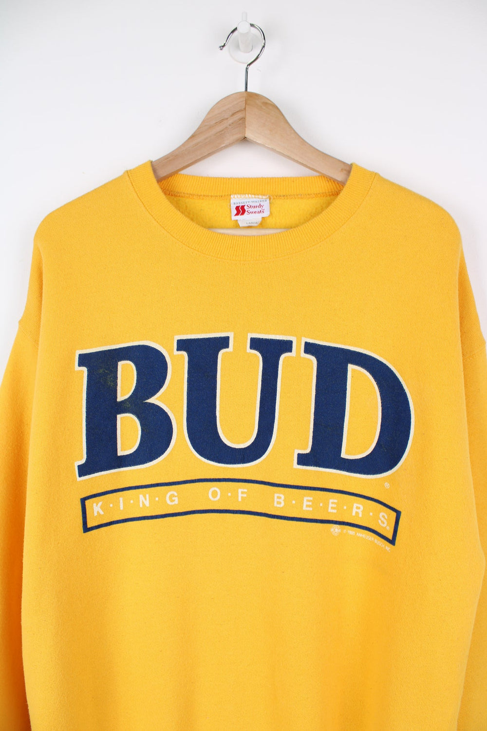 Vintage 90s Budweiser King Of Beers yellow sweatshirt.