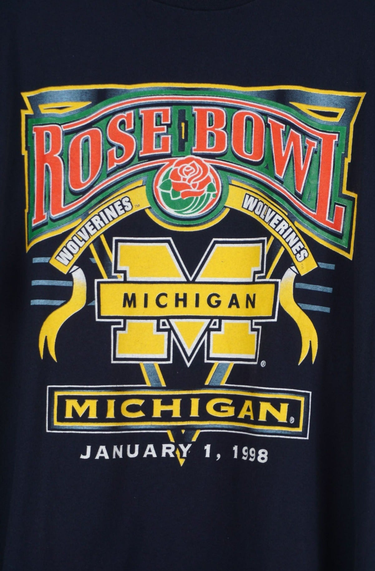 Vintage NCAA Michigan Wolverines Rose Bowl January 1998 Graphic Blue T-shirt