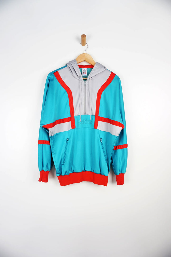 Vintage Adidas Silver and Turquoise Hooded Tracksuit Top