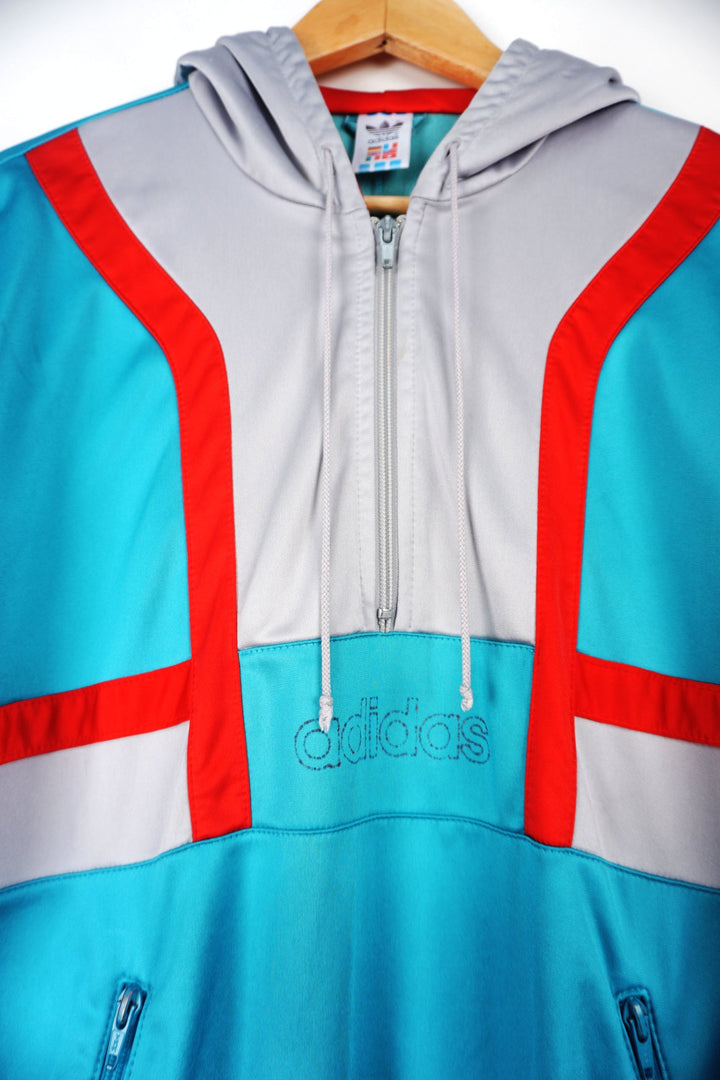 Vintage Adidas Silver and Turquoise Hooded Tracksuit Top